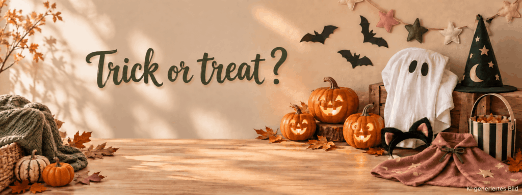 Herbstliche Halloween-Dekoration mit Kürbissen, Gespenterkostüm und dem Schriftzug "Trick or Treat"