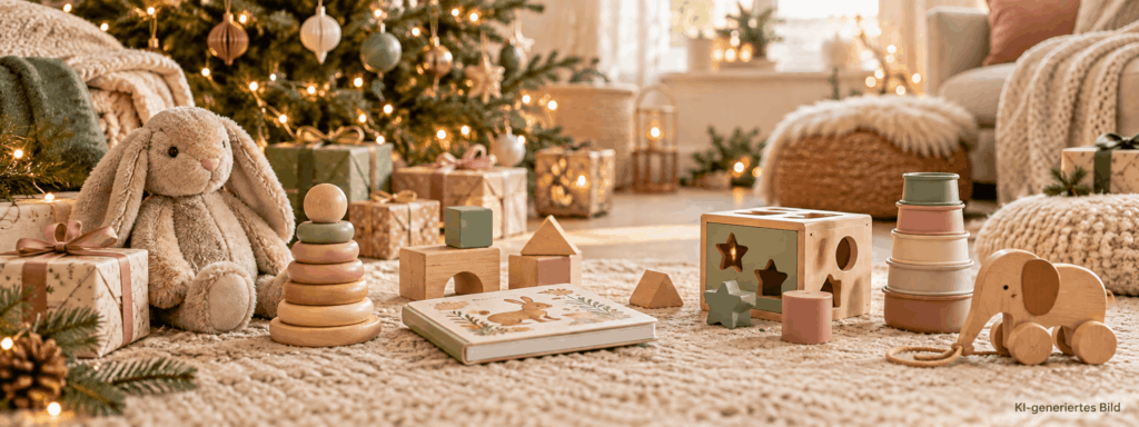 Spielzeug und verpackte Geschenke für Babys und Kleinkinder in weihnachtlicher Umgebung