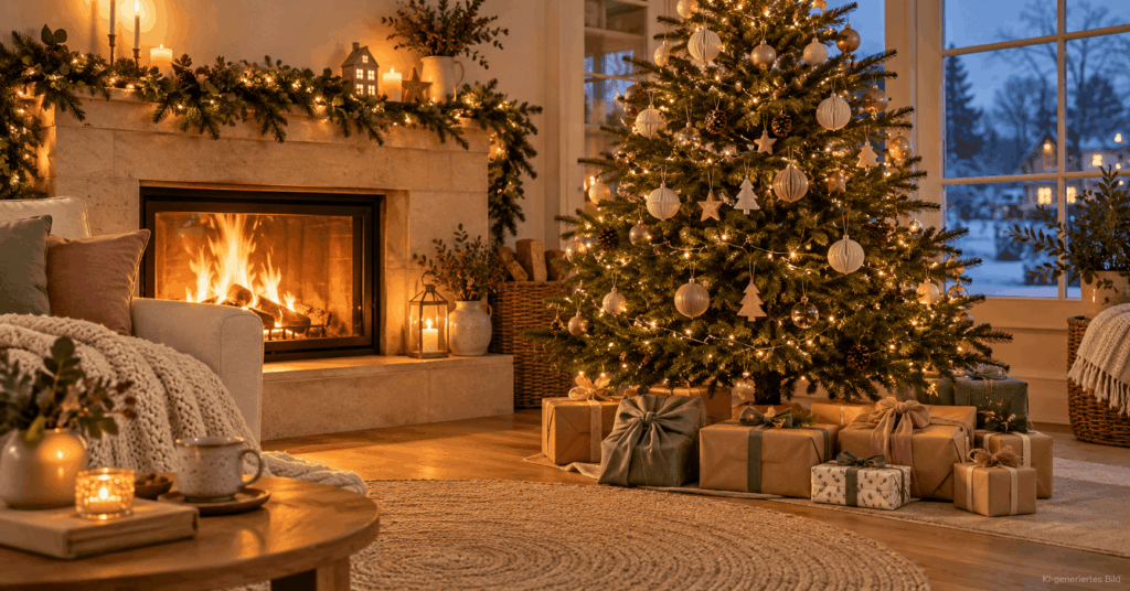 Spielzeug und verpackte Geschenke für Babys und Kleinkinder in weihnachtlicher Umgebung