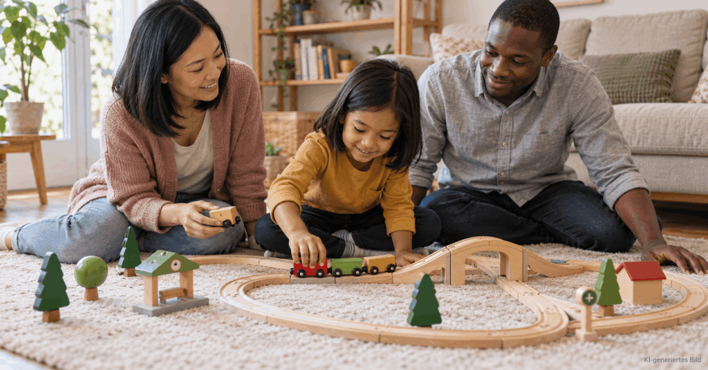 Spielzeug und verpackte Geschenke für Babys und Kleinkinder in weihnachtlicher Umgebung
