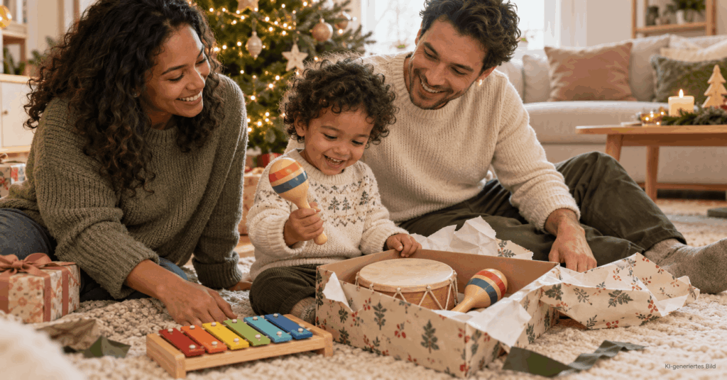 Spielzeug und verpackte Geschenke für Babys und Kleinkinder in weihnachtlicher Umgebung