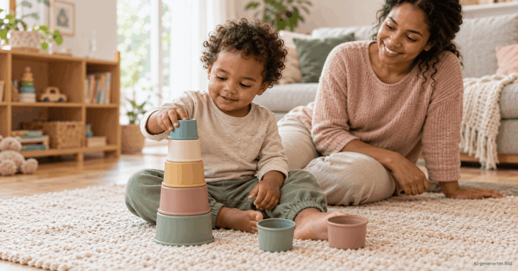Spielzeug und verpackte Geschenke für Babys und Kleinkinder in weihnachtlicher Umgebung